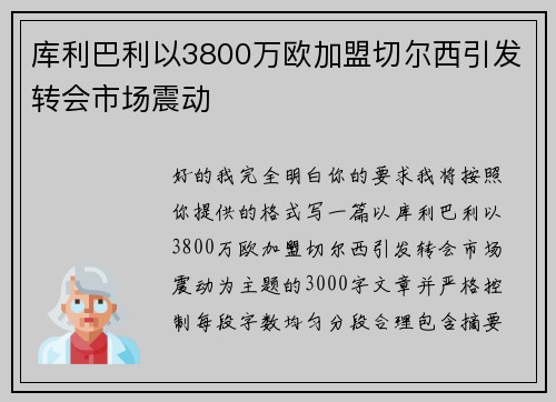 库利巴利以3800万欧加盟切尔西引发转会市场震动