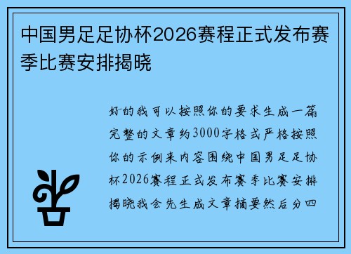 中国男足足协杯2026赛程正式发布赛季比赛安排揭晓